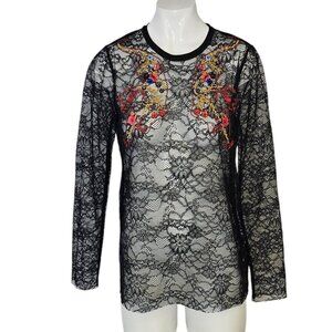 Sandro Paris Womens Lace Sheer Embroidered Long Sleeve Blouse, Open Back, 1/US S